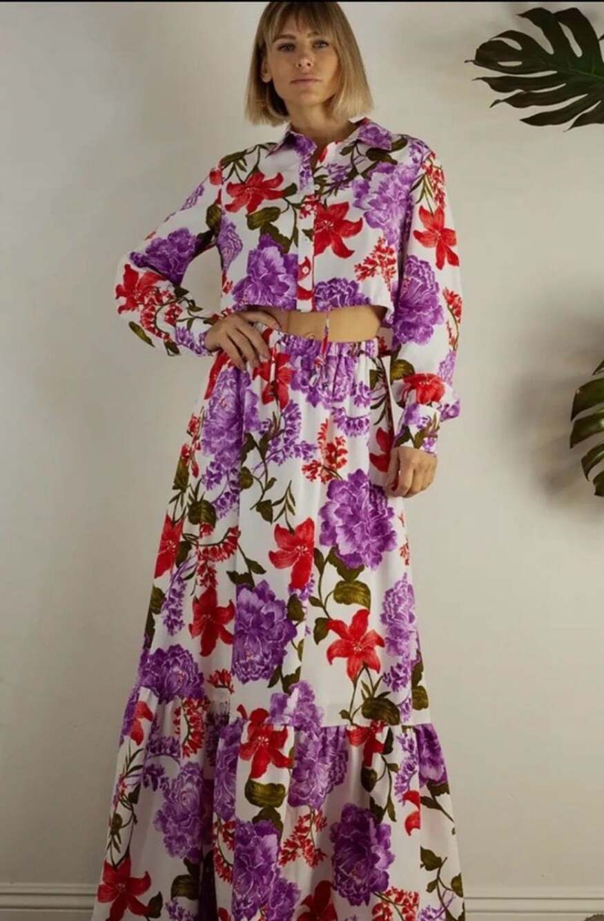 Mulla Floral Print Long Sleeve Crop Top And Maxi Skirt Set